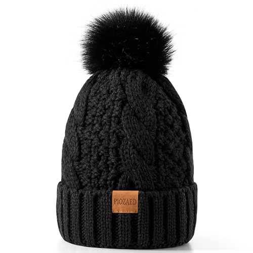 Women's Winter Pompom Beanie Warm and Cozy Knit Hat Fleece Lining Skull Cap for Women - color: Black