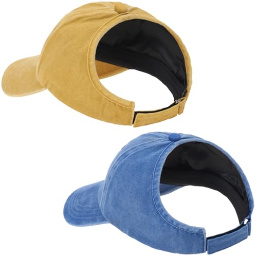 2 Pack Backless Cap for Women Natural Curly Hair Hat Baseball Cap Afro Puff Ponytail Hat - color: B-blue+yellow