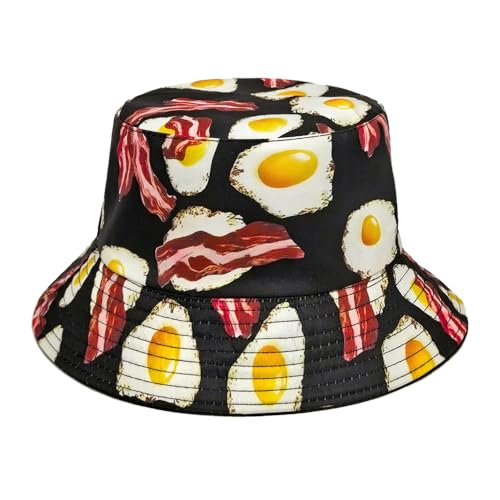 Printed Bucket Hat - Reversible Packable Summer Travel Beach Sun Cap for Men Women Teens - color: Bacon Egg