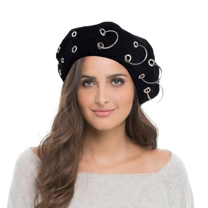 French Beret Hats Punk Iron Ring Beret for Women Fashionable Black