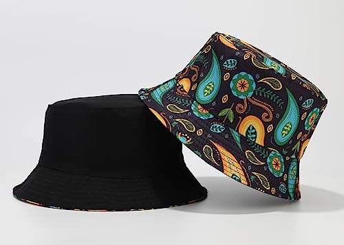 Quanhaigou Bucket Hat for Men Women,Packable Reversible Printed Sun Hats,Fisherman Outdoor Summer Travel Hiking Beach Caps - color: Black Green Paisley