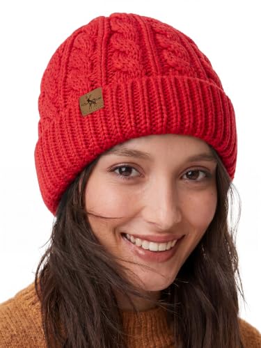 Winter Hats for Women Cable Knit Chunky Skull Cap Fleece Lined Thick Fold Cuff Beanie hat - color: Red, style: Cross Jacquard