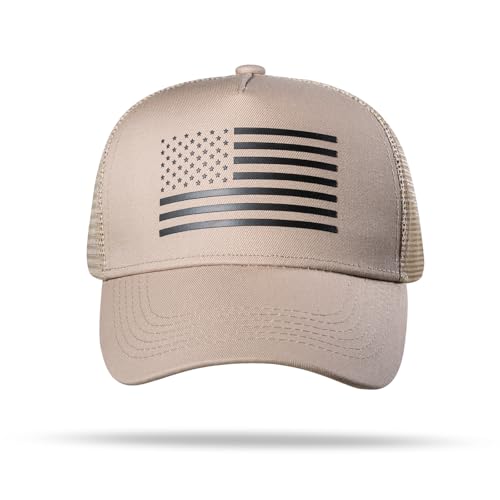 American Flag Trucker Hat - Snapback Hat, Baseball Cap for Men Women - Breathable Mesh Side, Adjustable Fit - for Casual Wear - color: Khaki