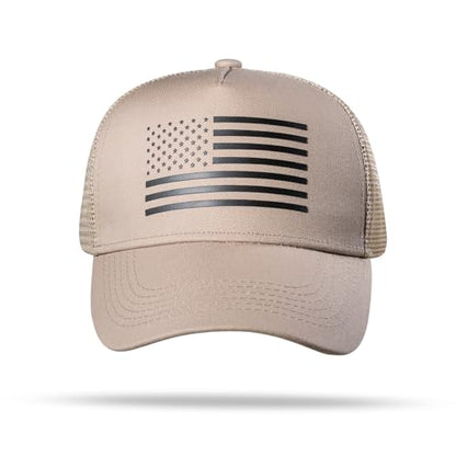 American Flag Trucker Hat - Snapback Hat, Baseball Cap for Men Women - Breathable Mesh Side, Adjustable Fit - for Casual Wear - color: Khaki