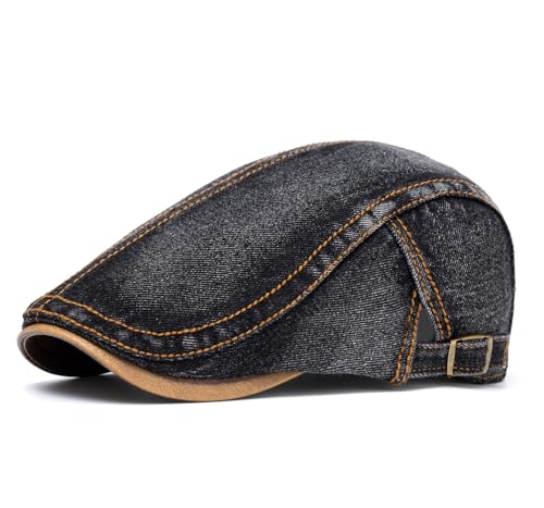 Quanhaigou Unisex Denim Newsboy Hats Flat Ivy Gatsby Cabbie Driving Berets Hat Cotton Dad Cap for Men Women - color: Washed Denim Black