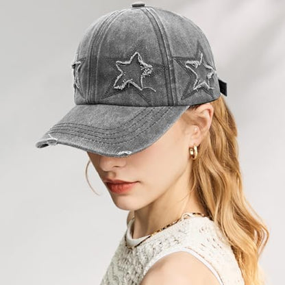 Retro Washed Distressed Baseball Cap with Five Pointed Stars for Women Men - color: Grey