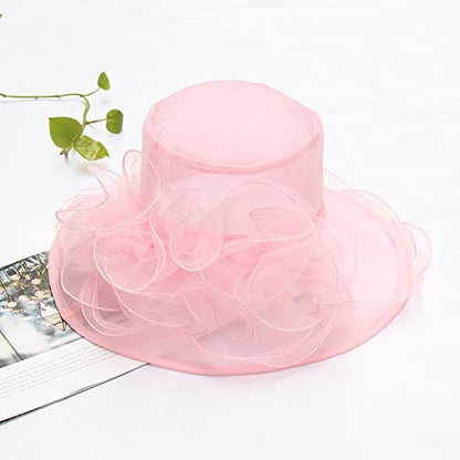 Women's Kentucky Derby Church Dress Hat Wide Brim Leaf Flower Bridal Shower Hat - color: G5 Pink