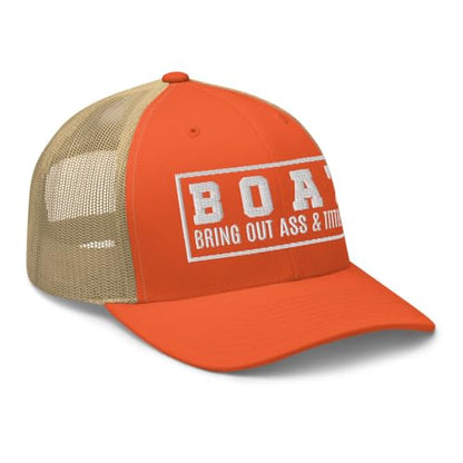 NG Boat Bring Out Ass and Titties Curved Bill Trucker Hat Mid Crown Adjustable Funny Adult Humor Cap - color: Rustic Orange/ Khaki