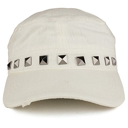 Distressed Flat Top Metallic Studded Frayed Cadet Style Army Cap