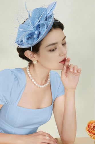 BABEYOND Fascinators Hats for Women Tea Party Pillbox Sinamay Derby Hat - color: Light Blue