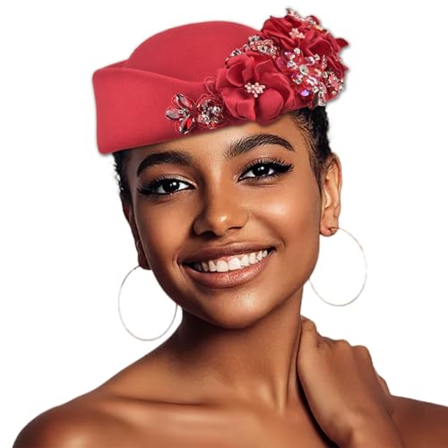 Women's Retro Stewardess Felt Hat, British Berets, Rhinestone Flower Decor, Ladies' Church Derby Hat - color: Red