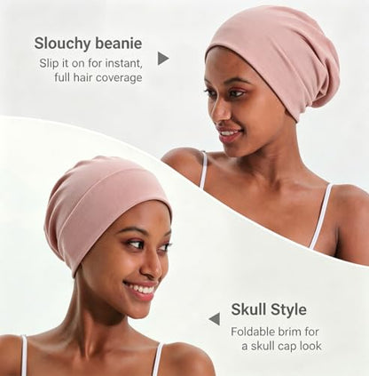 JarseHera 100% Cotton Slouchy Beanie for Women Men Soft Chemo Headwear Set - color: 2 Pcs,dusty Pink+pink
