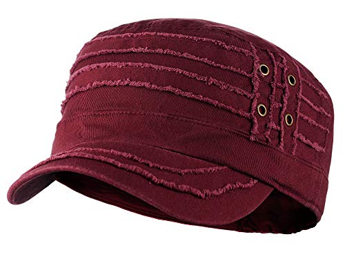 D&Y Unisex 100% Cotton Military Cadet Hat - Distressed Frayed Flat Top Cap - Adjustable Everyday Patrol Hat - color: Burgundy