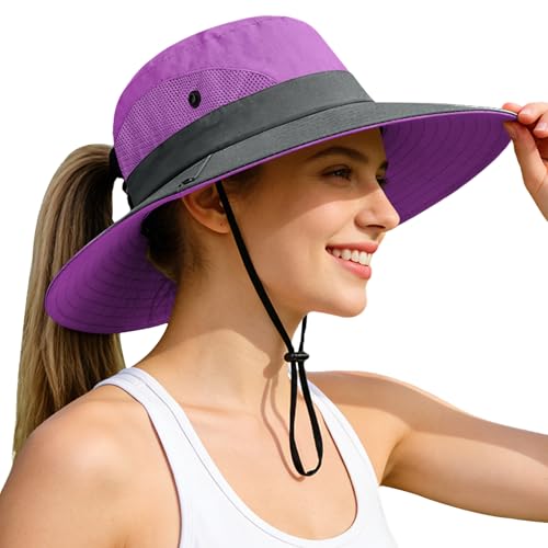 Rosoz Ponytail Sun Bucket Hats for Women UV Protection Foldable Wide Brim - color: 1-purple