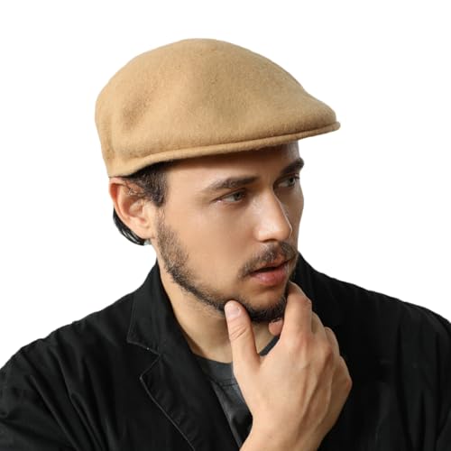 Wool Blend Mens Newsboy Caps, Classic Flat Cap Ivy Cabbie Gatsby Hat Winter Beret Hat for Men - color: Khaki
