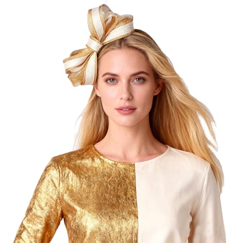 HIMESPORT Sinamay Fascinators Hats for Women Ladies Church Headdress Formal Tea Party Wedding Cocktail Derby Hat with Bowknot - color: Khaki and Beige