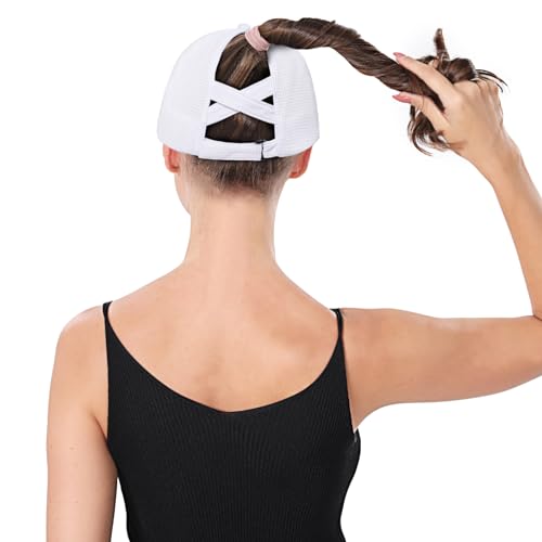 ZTL Womens High Ponytail Baseball Cap Performance Mesh Hat, Lightweight Quick Dry Race Day Running Hat with Reflective Trim - color: White