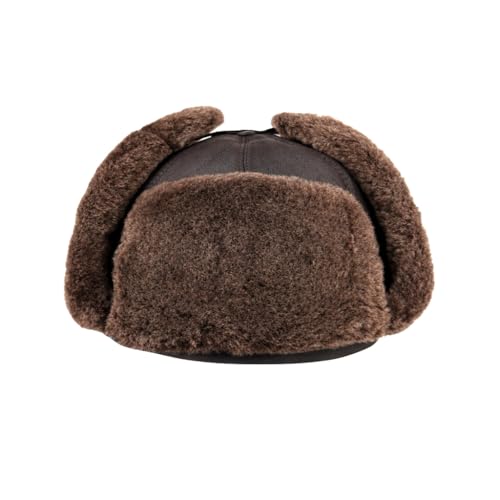 Handmade Sheepskin Leather Trapper Hat – Aviator Cap with Fur Lined Ear Flaps, Shearling Russian Ushanka Winter Hat - color: Brown, size: Medium