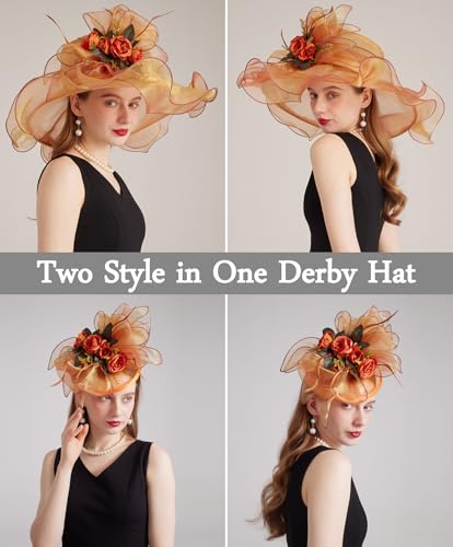 Women Derby Fascinator Hat Organza Church Wedding Hats Wide Brim Cocktail Tea Party Hat - color: 38champagne Orange