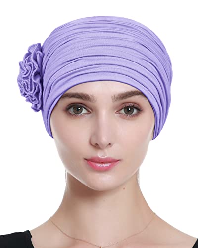 Alnorm Flower Design Chemo Hair Loss Caps Cancer Headwear for Women - color: Light Purple