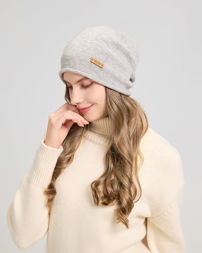 100% Merino Wool Slouchy Beanie Hat, Women Warm Winter Caps Soft, Ladies Breathable & Cozy Stretchy Knitted Skull Cap - color: Light Gray