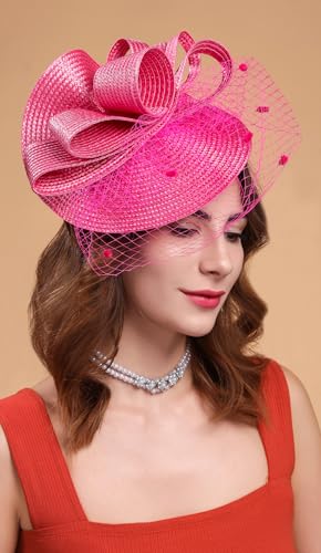 Kentucky Derby Fascinators for Women High Tea Party Hat Wedding Cocktail Flower Headware with Mesh and Feathers - color: Z-f0271-fushia