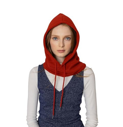 Unisex Sporty Snood Hat with drawstring Hood Scarf Neck Warmer Winter Balaclava Hood - color: Barn Red