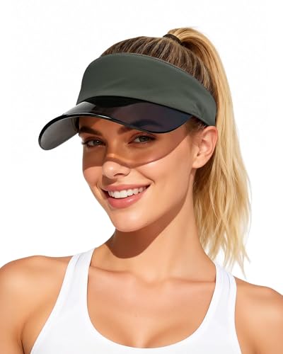 Transparent Sun Visor Hat for Women Men - UPF 50+ Clear Brim Adjustable Drawstring for Golf Tennis Pickleball - color: Olive Green
