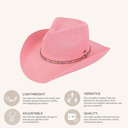 C.C Knitted Cowboy Hat for Women Lightweight Woven Western Hat with Multicolor Trim Band, Wide Brim Summer Sun Hat - color: Pink