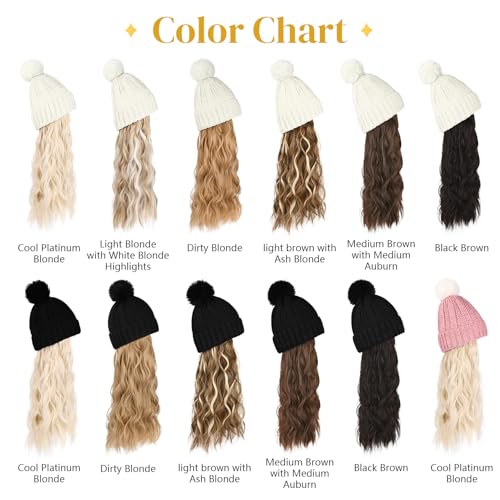 Flufymooz Beanie Wig Hat, Long Wavy Curly Black Hairpiece with Faux Fur Pom, Attached 20 Inch Synthetic Hair for Women Girls Winter (Natural Black) - color: White Hat-natural Black, size: 20 Inch