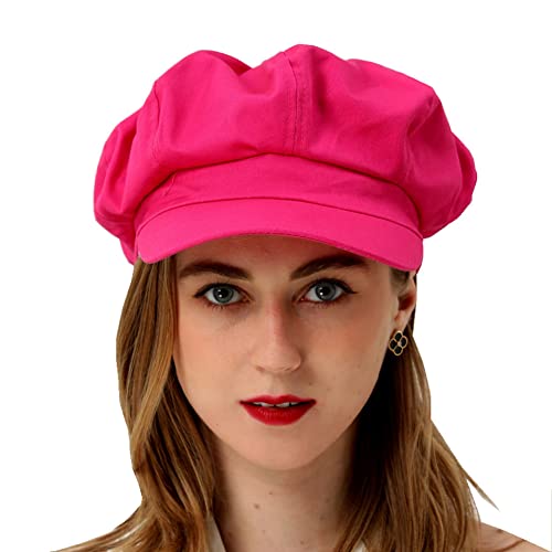 Womens Newsboy Cap Summer Beret Cap- 100% Cotton 8 Panels Vintage Cabbie Hat- Octagonal Visor Cap for Women Girls Ladies Gift - color: Hot Pink