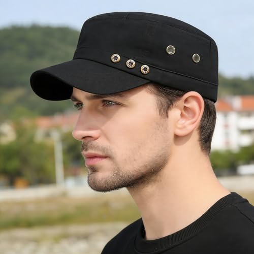 Men's Military Cadet Hat Flat Top Newsboy Cap - color: A - Black
