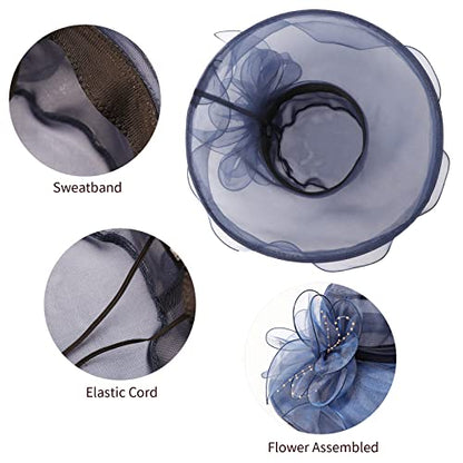DRESHOW Women Organza Hat Church Cap Hats Clearance Kentucky Derby Cocktail Tea Party Wedding Flower Hat with Wide Brim - color: A Navy Blue Ab