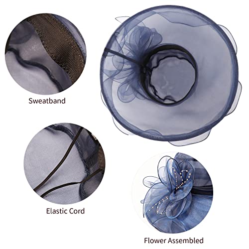 AQOKKA Women Organza Church Fascinators Kentucky Derby Hats for Women and Girls Wedding Flower Tea Party Hat with Wide Brim - color: Navy