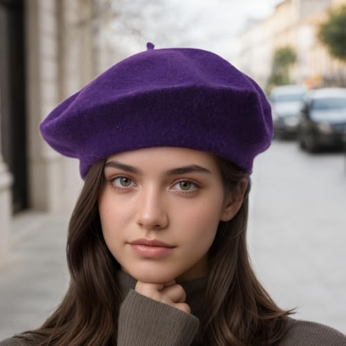 French Beret Hats for Women - Classic Wool Beret Hats Soft Knit Winter Cloche for Daily Outfits - color: Purple