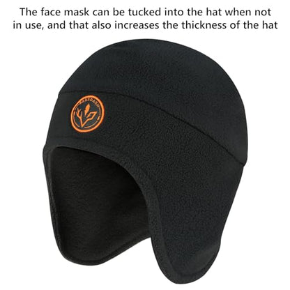 BASSDASH Unisex Soft Fleece 2-in-1 Hat with Mask Ear Flap - color: Black