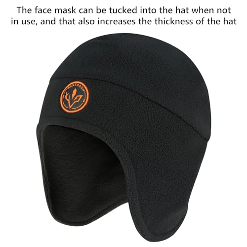 BASSDASH Unisex Soft Fleece 2-in-1 Hat with Mask Ear Flap - color: Black