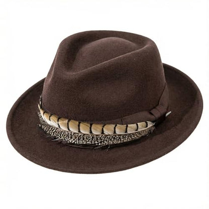 Home Prefer Men's Wool Felt Winter Hat Short Brim Fedora Hat with Feather - color: Coffee Ring Necked Feather