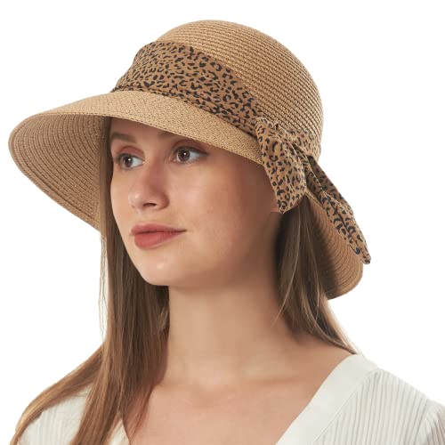 Womens Straw Sun Hat Summer Beach Wide Brim UV Protection Hats with Chin Strap Floppy Foldable Cute Bowknot UPF 50 Cap - color: Leopard Khaki