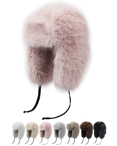 Peicees Winter Fur Hat for Women, Ladies Russian Ushanka Furry Trapper Hat with Warmer Ear Flaps and Glitter Silver Design - color: Pink