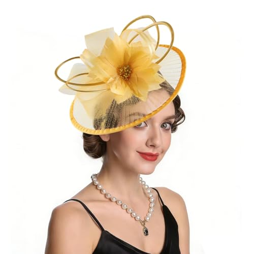 SAFERIN Elegant Women's Fascinator Hat with Veil and Feather Hair Clip Headpiece for Weddings Tea Party - color: St59-ginger Yellow