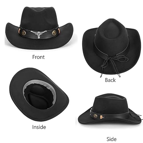 IZUS Women Sparkly-Rhinestone Western-Cowgirl-Hat Glitter-Bling Cowboy-Hat Felt-Rodeo-Hat for Disco-Party Medium/Large - color: Black-s3 Black Bull Strap