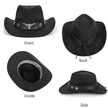 IZUS Women Sparkly-Rhinestone Western-Cowgirl-Hat Glitter-Bling Cowboy-Hat Felt-Rodeo-Hat for Disco-Party Medium/Large - color: Black-s3 Black Bull Strap
