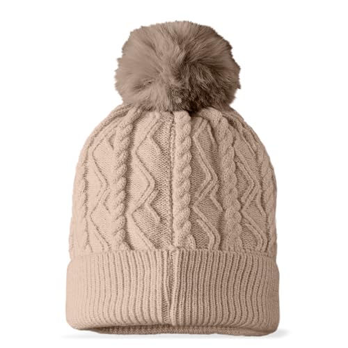 DALIX Cable Knit Pom Beanie Soft Stretch Skully Warm Fuzzy Faux Sherpa Winter Ski Beanie - color: Tan