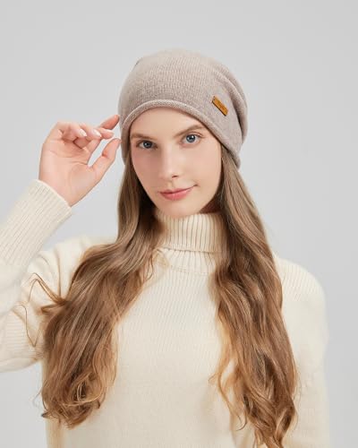 100% Merino Wool Slouchy Beanie Hat, Women Warm Winter Caps Soft, Ladies Breathable & Cozy Stretchy Knitted Skull Cap - color: Light Camel