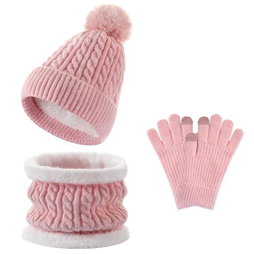 Kids Winter Hat Gloves Scarf Set, Double Pom Beanie Soft Neck Warmer Gloves