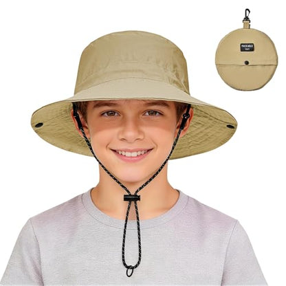 Zando Packable Kids Sun Hat UPF 50+ Girls Boys Beach Bucket Hat Summer - color: Khaki, size: 8-12 Years