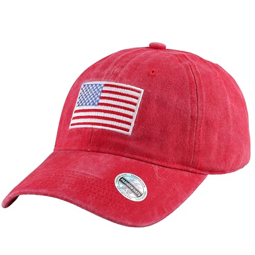 Falari USA Flag Embroidered Baseball Cap, Low Profile Adjustable Dad Hat, 100% Cotton, Pre-Washed - color: Red