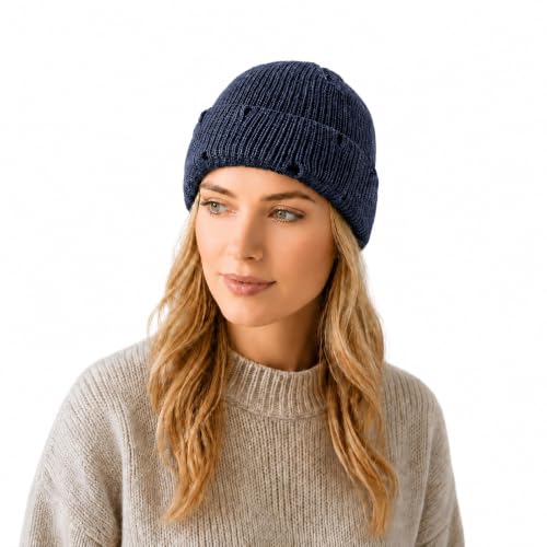 Unisex Warm Knit Skull Cap Hip-hop Slouchy Ripped Knitted Hat - color: Navy Blue