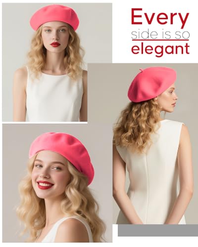 French Beret Hats for Women - Wool Solid Color Beanie Cap - color: Hot Pink